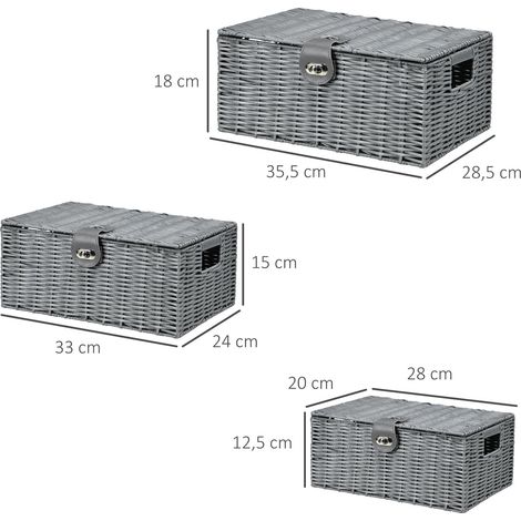 Ensemble de 3 paniers de rangement en rotin PE, avec fermoir et poignées de transport, 35,5 cm x 28,5 cm x 18 cm, gris (1/5)