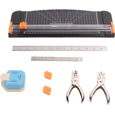 Ensemble de fournitures de bureau comprenant un massicot, une lame de rechange, un coupe-coins 3 en 1, une perforatrice, des règles en acier et une perforatrice de 15 cm et 30 cm. (1/5)