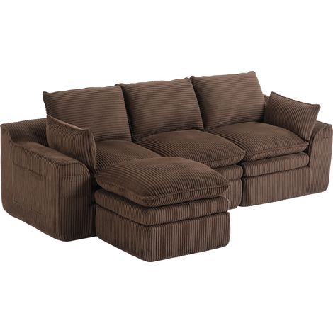 Canapé modulable 3 places en velours côtelé marron, avec pouf, coussins et poches latérales, confort durable à ressorts et mousse – CHICFURN (1/5)