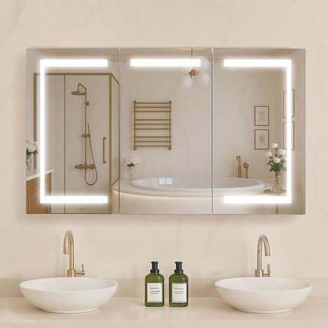 Armoire Murale Salle de Bain 90x60 cm, Armoire de Toilette avec Miroir en Verre Trempé et LED 3 Couleurs à Intensité Variable, avec Fonction Mémoire (1/5)