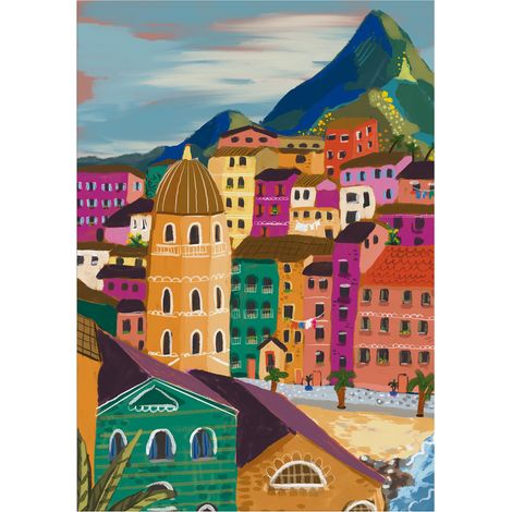 Art for the Home Outdoor Leinwandbild Garten Wanddeko - Farbenfrohe Kleinstadt - 70x50cm (1/4)