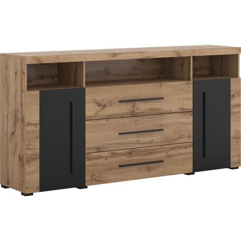 Cómoda Sorciro 100, Negro + Roble wotan, Con cajones y puertas, Número de cajones: 3, 92x182x39cm