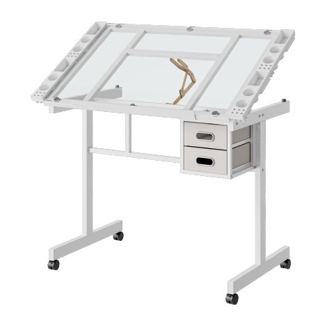 Mesa de dibujo regulable 103x60x78 cm de vidrio y metal blanco, ahorra espacio – MEUBLIV (1/5)