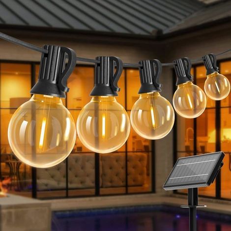 1 guirlande lumineuse solaire extérieur, 30 m, 52 LED G40 blanc chaud 2700K, IP45 étanche, pour jardin terrasse balcon