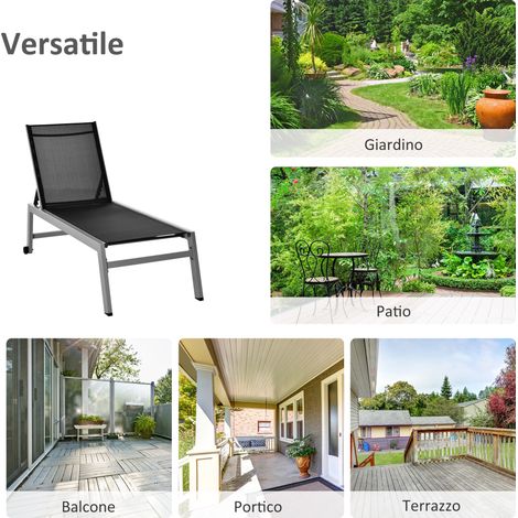 Transat de jardin aluminium gris-noir pliable avec dossier réglable, 169x65x102cm, 2 roues pivotantes.