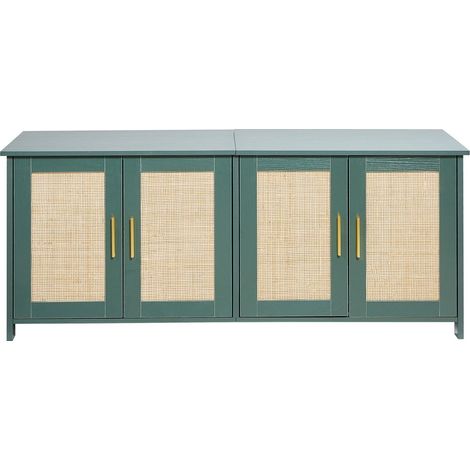 Meuble à litière pour plusieurs chats 120 cm, armoire cachée 4 portes rotin et 2 entrées, bois, vert matériel certifié (1/5)