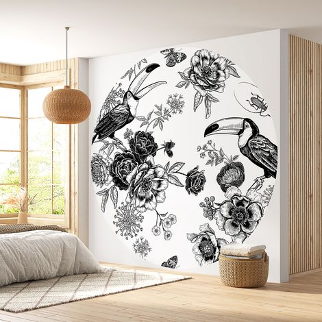 Papier peint rond / cercle - Fleurs Toucans - Diamètre 50 cm (1/4)