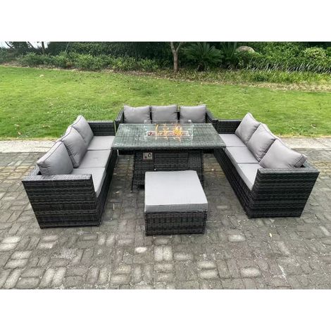 Fimous Rattan Gartenmöbel Sofa Set Outdoor Patio Gas Feuer Grube Esstisch Gas Heizung Brenner mit großem Fußhocker 10 Sitzer Dunkelgrau gemischt (1/5)