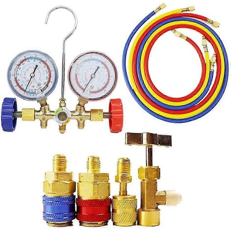 Manomètre de réfrigérant, kit d'outils de climatisation avec tuyau et crochet pour R12, R22 et R404A jn (1/5)