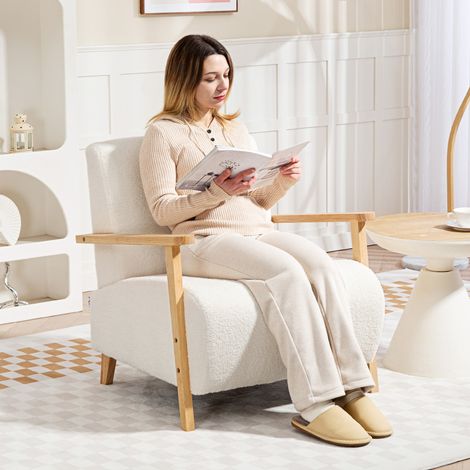 Fauteuil salon. tissu effet laine bouclée. structure en bois massif. pour salon. chambre à coucher. crème