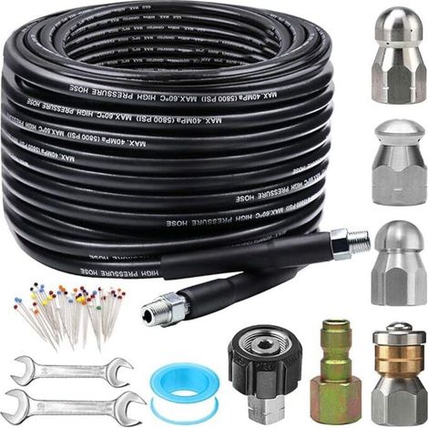 Tuyau Déboucheur Canalisation 10M 5800PSI pour Nettoyeur Haute Pression, Kit Nettoyage Égout avec Buse Rotative, 4 Buses Jet Sewer et Accessoires