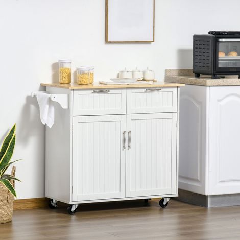 Îlot cuisine - 104x46x91cm - chariot à roulettes - 2 tiroirs - étagères réglables - porte-serviettes - MDF - plateau caoutchouc - blanc