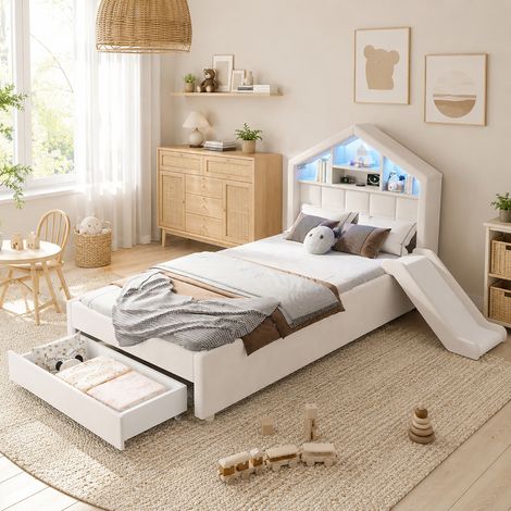 Lit enfant cabane 90x200cm - Glissoire LED USB rangement coffre - Velours - Beige (1/5)