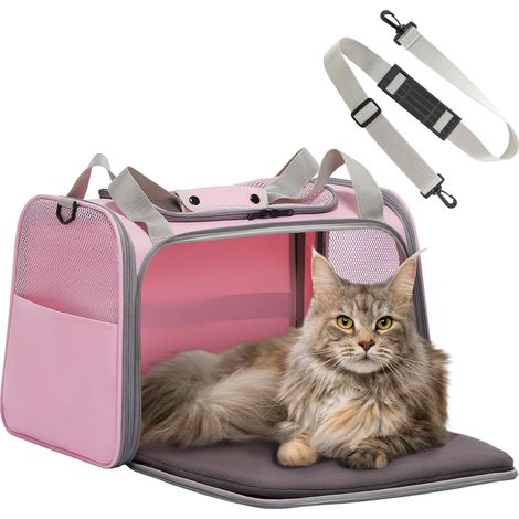 1 - Sac Transport Chat - Sac Transport Chien - Pliable et Aéré avec Matelas Extensible pour Voyage et Vétérinaire Rosa 50x33x33cm