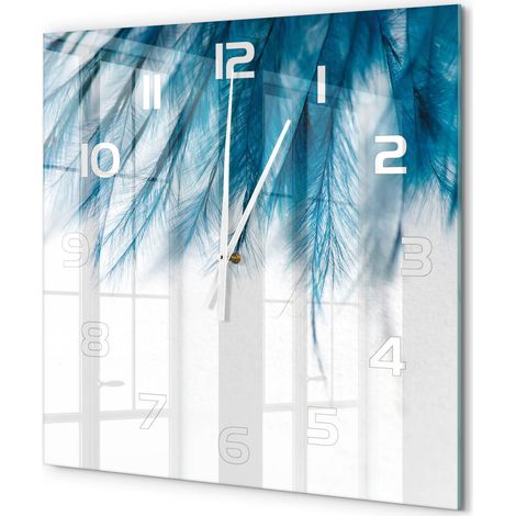 Grande Horloge Murale Carrée Contemporaine en Verre Silencieuse Salon Cuisine Bureau Plumes bleues 60x60 cm (1/5)