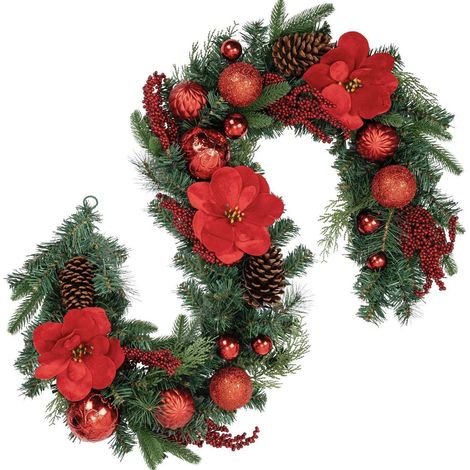 183cm Weihnachtsgirlande mit Magnolien, Kugeln & Tannenzapfen – Rote Weihnachtsdeko für Drinnen & Draußen