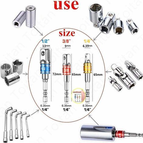 Adaptateur de douille sur perceuse/visseuse à percussion. 3 adaptateurs à collet carré 1/4", 1/2", 3/8" Lot de trois 1 pièce MNS (1/4)