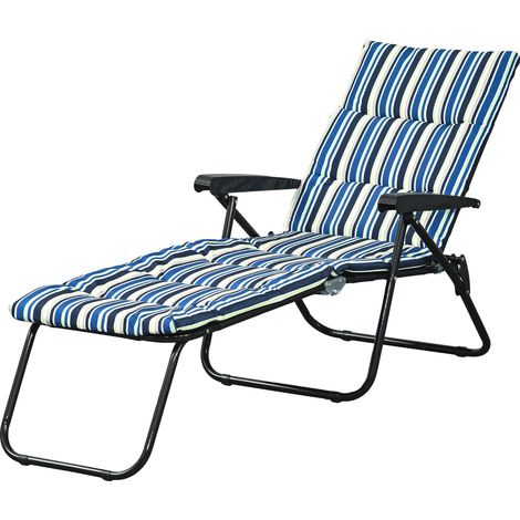 Transat inclinable pliable 6 positions, grand confort avec matelas et accoudoirs, acier et polyester multicolore, bain de soleil.