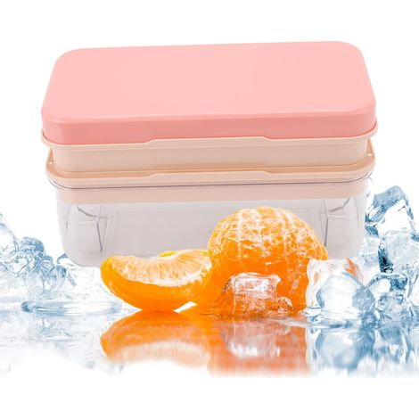 Eiswürfelform mit Deckel, Eisschaufel und Aufbewahrung für 64 Eiswürfel (2 Ebenen), aus leicht zu lösendem rosa Silikon. (1/5)