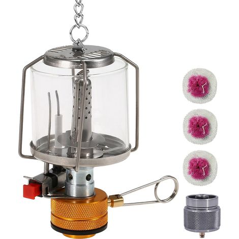 Lampe à gaz de camping portable extérieure avec allumage piézo, mini lampe de tente incluant 3 manchons et adaptateur
