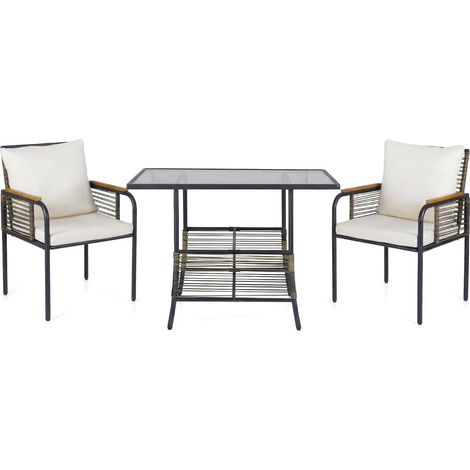 Ensemble Bistro de Terrasse Lot de 3 en Rotin PE 104 x 66 x 71 cm Confort et Gain de Place Style Design en marron et blanc cassé
