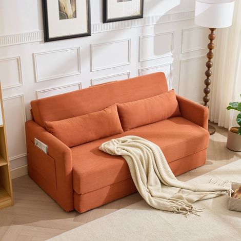 Canapé convertible 2 places - 165x92x82 cm - Banquette-lit 2-en-1 avec coussins et poches - en velours côtelé Orange (1/5)