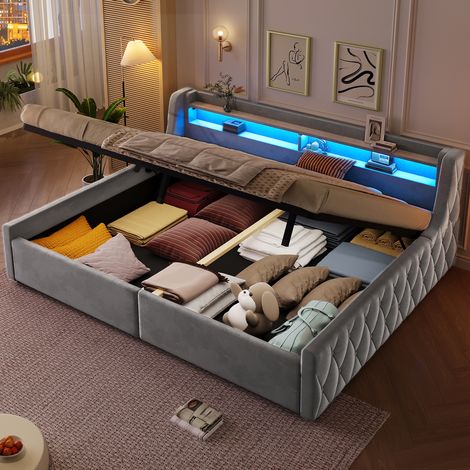 Letto imbottito 140x200 cm grigio in velluto con contenitore e testiera LED (1/5)