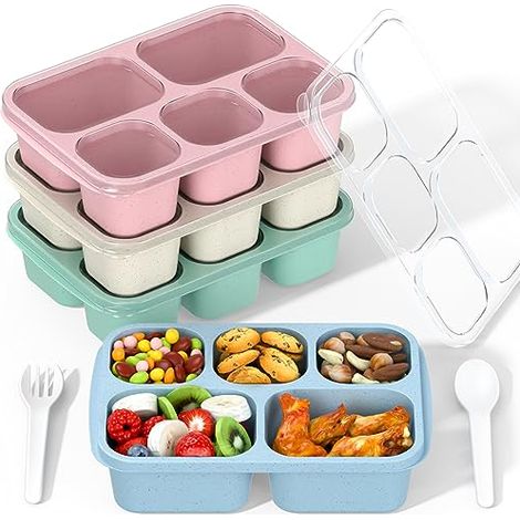 Boite A Repas Bento - 5 Compartiments - En Paille De Ble - Micro-Ondes Congelateur Lave-Vaisselle - Pour Adultes Et Enfants - Lot De 4 (1/5)