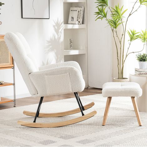 Sillón mecedora 94x65x92 cm de tela de felpa y madera blanca con reposapiés FloraGrace (1/5)