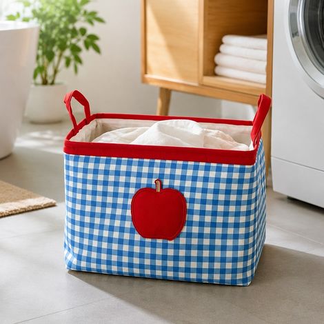 Panier à Linge Pliable Motif Pomme à Carreaux Bordure Bleue 35,7 x 24,5 x 23 cm (1/5)