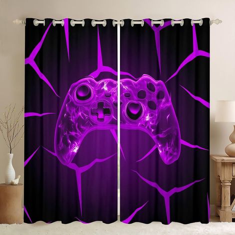 Rideaux de fenêtre noir violet manette de jeu, impression de manette de jeu stéréoscopique, traitement de fenêtre, art abstrait 3D néon pour la décoration de la maison, 2 panneaux, taille L - 175x140c (1/5)