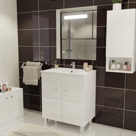 Cuisibane – Meuble avec vasque simple 70 cm – Plan céramique blanc brillant 71x46,5 cm – 2 portes avec rangements – Miroir LED 70 cm – Caisson monté - ht80-