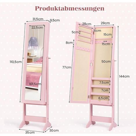 Armoire à bijoux sur pied avec miroir, grand rangement, corps en MDF rose, pour chambre et dressing (1/5)