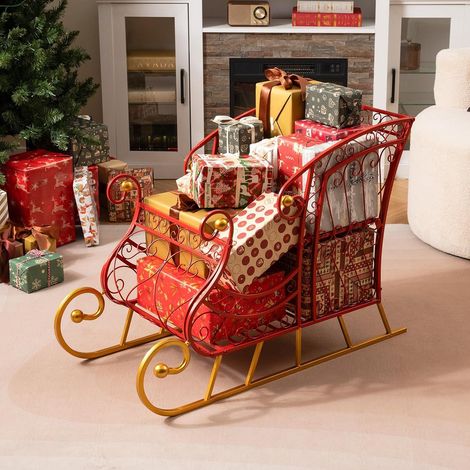 Costway – Traîneau de Noël décoratif avec rangement 2 niveaux – Cadre métallique rouge et doré – Dimensions 85 x 42 x 61,5 cm – Décoration intérieure et extérieure