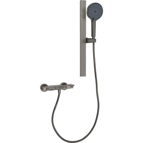 Barre de Douche avec Pommeau, Ensemble de Douche avec Pommeau, grande étagère, Barre de Douche en acier inoxydable et Support de Pommeau de Douche, Gris (1/5)
