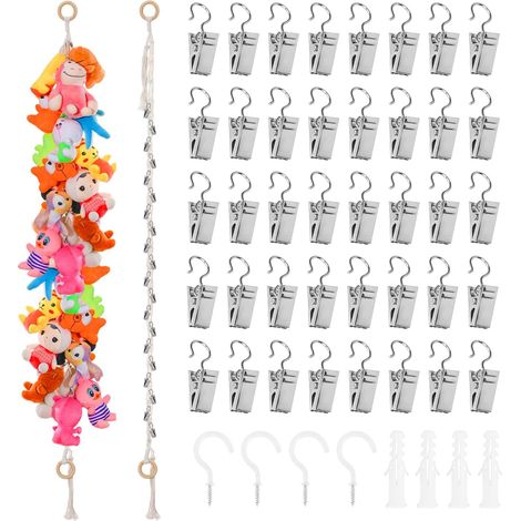 2 Pièces Range Peluche, 200 CM Hamac Peluche, Filet Peluches à Suspendre avec 4 Anneaux en Bois et 40 Clips, avec Anneau en Bois, pour Ranger Photos, Jouets, des Cartes, des Gants (1/5)