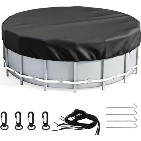 Bâche de piscine ronde - 366 cm - Avec cordon de serrage et clous de sol - Bâche de piscine ronde - Coupe-vent - Imperméable à la pluie - Résistante à la poussière - En tissu Oxford (1/5)