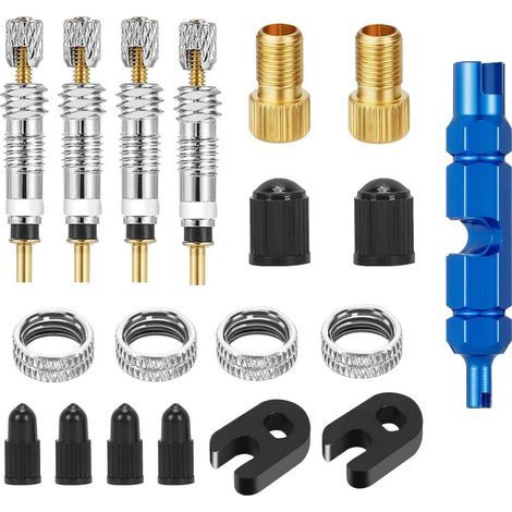 19-teiliges Presta-auf-Schrader-Ventiladapter-Set, Fahrrad-Presta-Ventiladapter-Konverter, Presta- und Universal-Ventilkappe, Fahrradventilschlüssel, silberne Mutter, Fahrradreifenwerkzeug mit Etui (1/5)