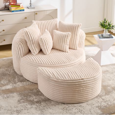Poltrona rotonda 168x123x63 cm, con 5 cuscini, braccioli e schienale, tessuto chenille beige (1/5)