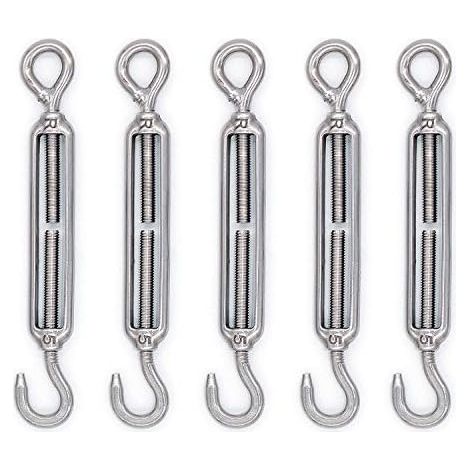Tendeur Cable Crochet M5 (Crochet et Oeil), Tendeur Fil Acier/Tendeur Cable INOX en Acier Inoxydable 304 pour Fil a Linge, Cable Acier, Corde Acier - Lot De 5 (1/5)