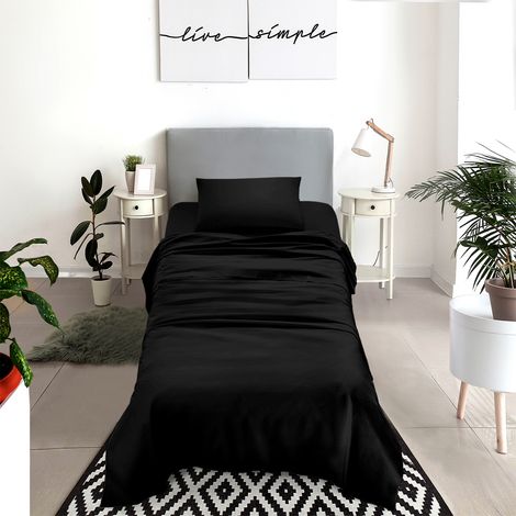 Set Lenzuola 100% Cotone Di Flanella Completo Letto Made In Italy Anti-Pilling Tinta Unita Lenzuolo Sopra Sotto Federe Nero - Singolo
