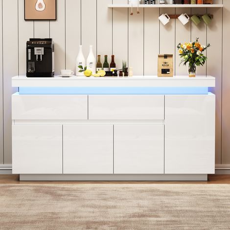 Aparador 140x35x72.5 cm blanco en tablero de partículas con LED, 2 cajones y 4 puertas (1/5)