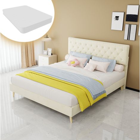 Cama con almacenaje 160x200 cm de tejido y metal beige con cabecero y colchón – MEUBLIV (1/5)