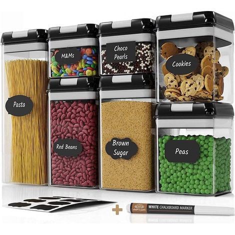 Lot de 7 Bocaux de conservation, Couvercle noir, Plastique ABS, Sans BPA, Cuisine Réfrigérateur (1/5)