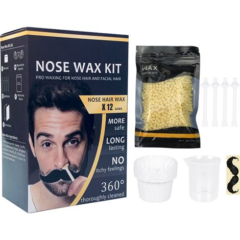 Kit de depilación nasal: gránulos de cera, aplicadores, palitos, adhesivos para bigote, vaso medidor, vasos de papel. Para eliminar el vello de la nariz y las cejas.
