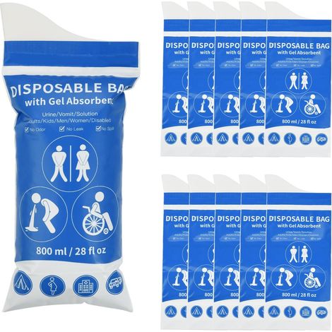 10Pcs Sac à Urine Jetable 800ml Sacs Urinoirs d'urgence,Super Absorbants Sacs à Vomir Toilette Portable pour Homme/Femme/Enceinte/Patient/Enfants/Voyage/Voiture/Camping/Randonnée (Bleu) (1/5)