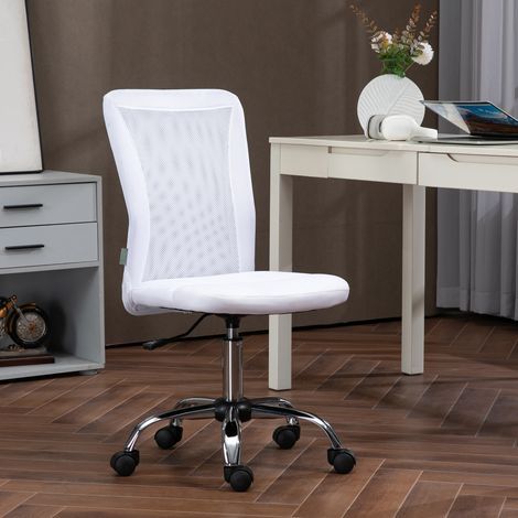 Sedia da ufficio ergonomica, regolabile in altezza, base cromata, girevole a 360°, rivestimento in rete bianca.