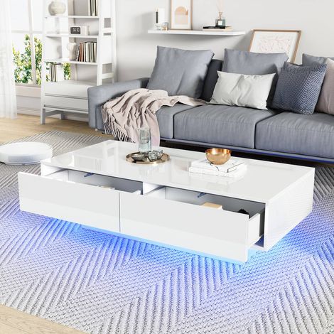 Table basse 115x55 cm moderne en laque blanche avec 2 tiroirs, LED et capacité 30 kg (1/5)