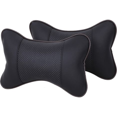 Oreillers de voyage universels pour voiture, en cuir PU, lot de 2, pour appui-tête, compatibles avec la plupart des voitures, garnis de fibres (noir). (1/5)