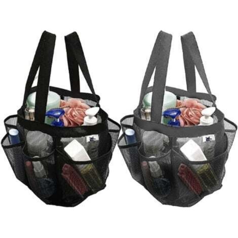 [JAMAIS UTILISÉ] Lot de 2 sacs de douche en maille à séchage rapide, 8 poches, organiseur de bain avec 2 poignées de suspension pour plage, camping, dortoir, salle de bain et voyage – Gris et noir (1/4)